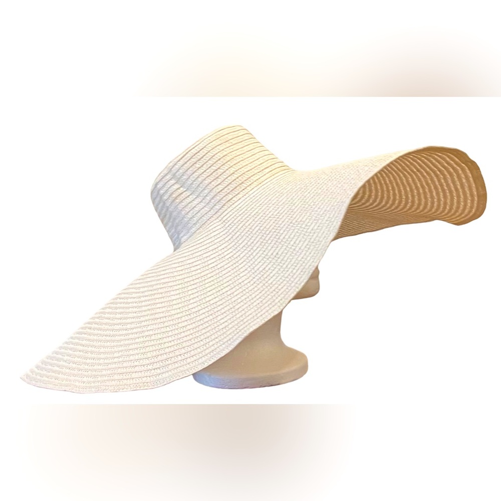 Oversized Beach WHITE Straw Hat Wide Brim Handmade Roll Up  OS